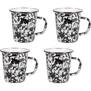 Golden Rabbit Enamelware Latte Coffee or Tea Mugs, 16 ounce, Solid White Textured, Set of 4(Black Swirl)