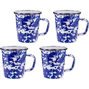 Golden Rabbit Enamelware Latte Coffee or Tea Mugs, 16 ounce, Solid White Textured, Set of 4(Cobalt Swirl)