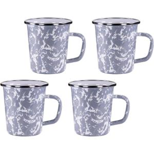 Golden Rabbit Enamelware Latte Coffee or Tea Mugs, 16 ounce, Solid White Textured, Set of 4(Grey Swirl)