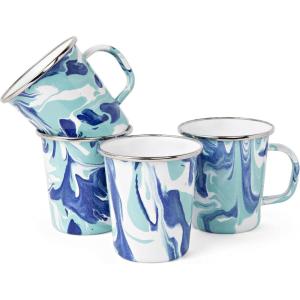 Golden Rabbit Enamelware Latte Coffee or Tea Mugs, 16 ounce, Solid White Textured, Set of 4(Lagoon)