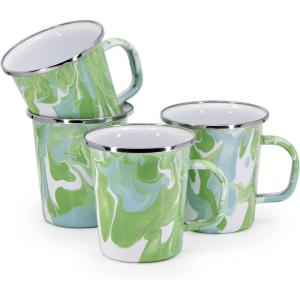 Golden Rabbit Enamelware Latte Coffee or Tea Mugs, 16 ounce, Solid White Textured, Set of 4(Modern Monet)