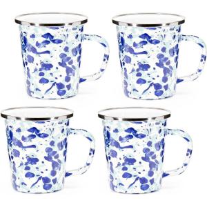 Golden Rabbit Enamelware Latte Coffee or Tea Mugs, 16 ounce, Solid White Textured, Set of 4(Ocean)