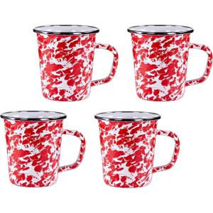 Golden Rabbit Enamelware Latte Coffee or Tea Mugs, 16 ounce, Solid White Textured, Set of 4(Red Swirl)