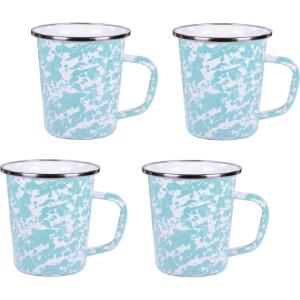 Golden Rabbit Enamelware Latte Coffee or Tea Mugs, 16 ounce, Solid White Textured, Set of 4(Sea Glass)