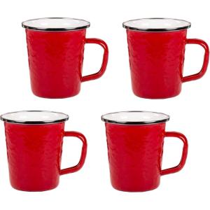 Golden Rabbit Enamelware Latte Coffee or Tea Mugs, 16 ounce, Solid White Textured, Set of 4(Solid Red Textured)