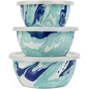 Golden Rabbit Enamelware Nesting Storage Bowls with Lids, Set of 3, Solid White Textured(Lagoon)