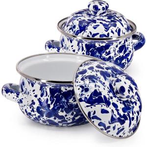 Golden Rabbit Enamelware Petite Tureens Pots, 16 ounce, Solid White Textured, Set of 2(Cobalt Swirl)