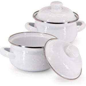Golden Rabbit Enamelware Petite Tureens Pots, 16 ounce, Solid White Textured, Set of 2(Solid White Textured)