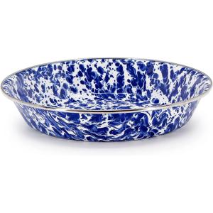 Golden Rabbit Enamelware Pie Pan Plate, 10 inch, Solid White Textured(Cobalt Swirl)