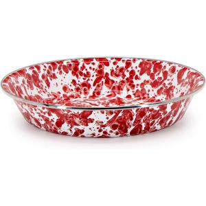 Golden Rabbit Enamelware Pie Pan Plate, 10 inch, Solid White Textured(Red Swirl)