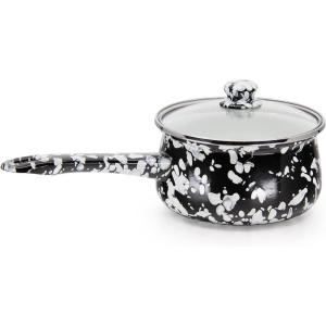 Golden Rabbit Enamelware Sauce Pan with Handle, 5 cup, Solid White Textured(Black Swirl)