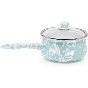 Golden Rabbit Enamelware Sauce Pan with Handle, 5 cup, Solid White Textured(Sea Glass)