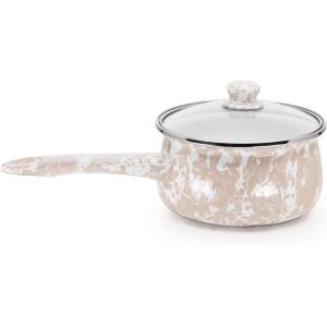 Golden Rabbit Enamelware Sauce Pan with Handle, 5 cup, Solid White Textured(Taupe Swirl)