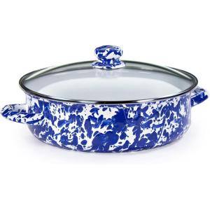 Golden Rabbit Enamelware Saute Pan, 3 quart, Solid White Textured(Cobalt Swirl)
