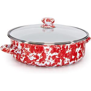 Golden Rabbit Enamelware Saute Pan, 3 quart, Solid White Textured(Red Swirl)