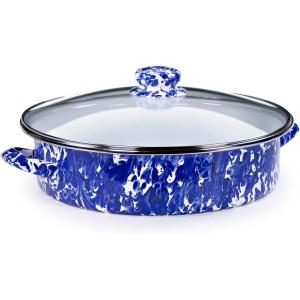 Golden Rabbit Enamelware Saute Pan, 5 quart, Solid White Textured(Cobalt Swirl)