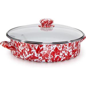 Golden Rabbit Enamelware Saute Pan, 5 quart, Solid White Textured(Red Swirl)