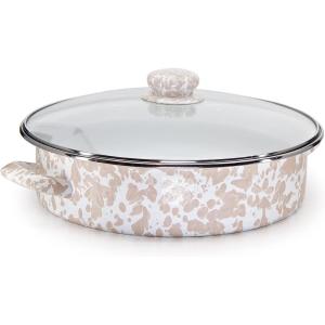 Golden Rabbit Enamelware Saute Pan, 5 quart, Solid White Textured(Taupe Swirl)