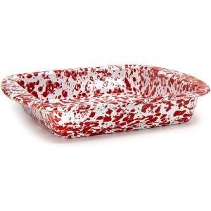 Golden Rabbit Enamelware Square Brownie Pan, 9 inch, Solid White Textured(Red Swirl)