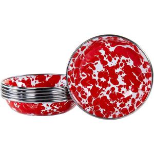 Golden Rabbit Enamelware Tasting Dish Bowls, 4 ounce, Solid White Textured, Set of 6(Red Swirl)