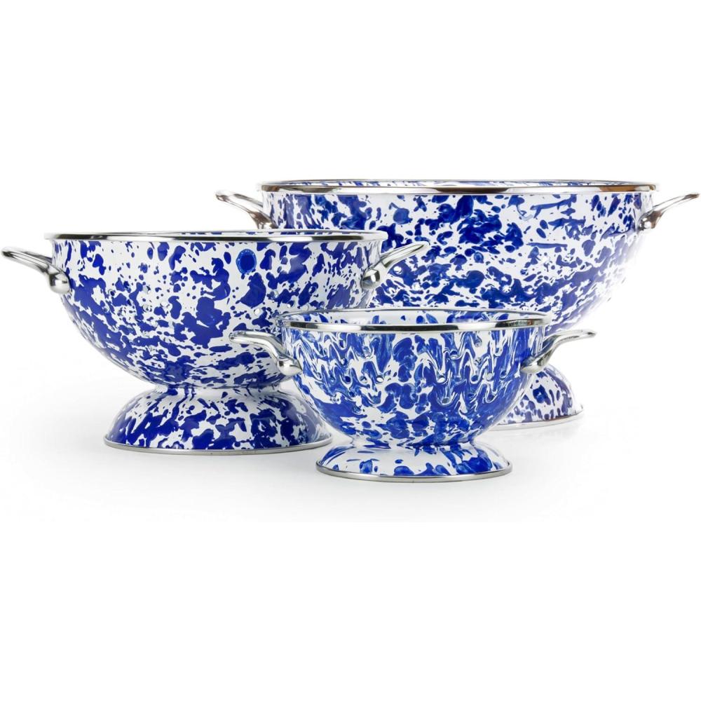 image:imageGolden Rabbit Enamelware  Set of 3 Colanders OceanCobalt Swirl