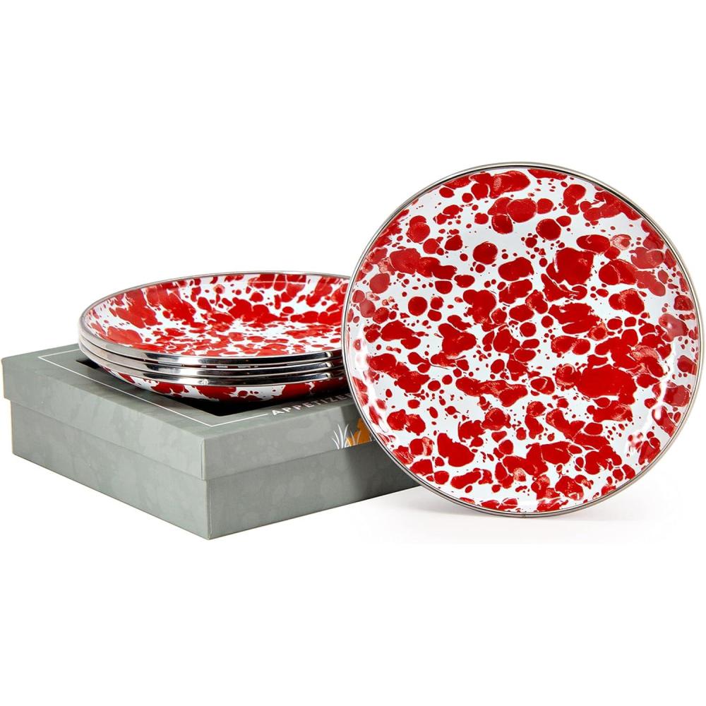 image:imageGolden Rabbit Enamelware Appetizer Plate Gift Set Set of 4 Red SwirlRed Swirl