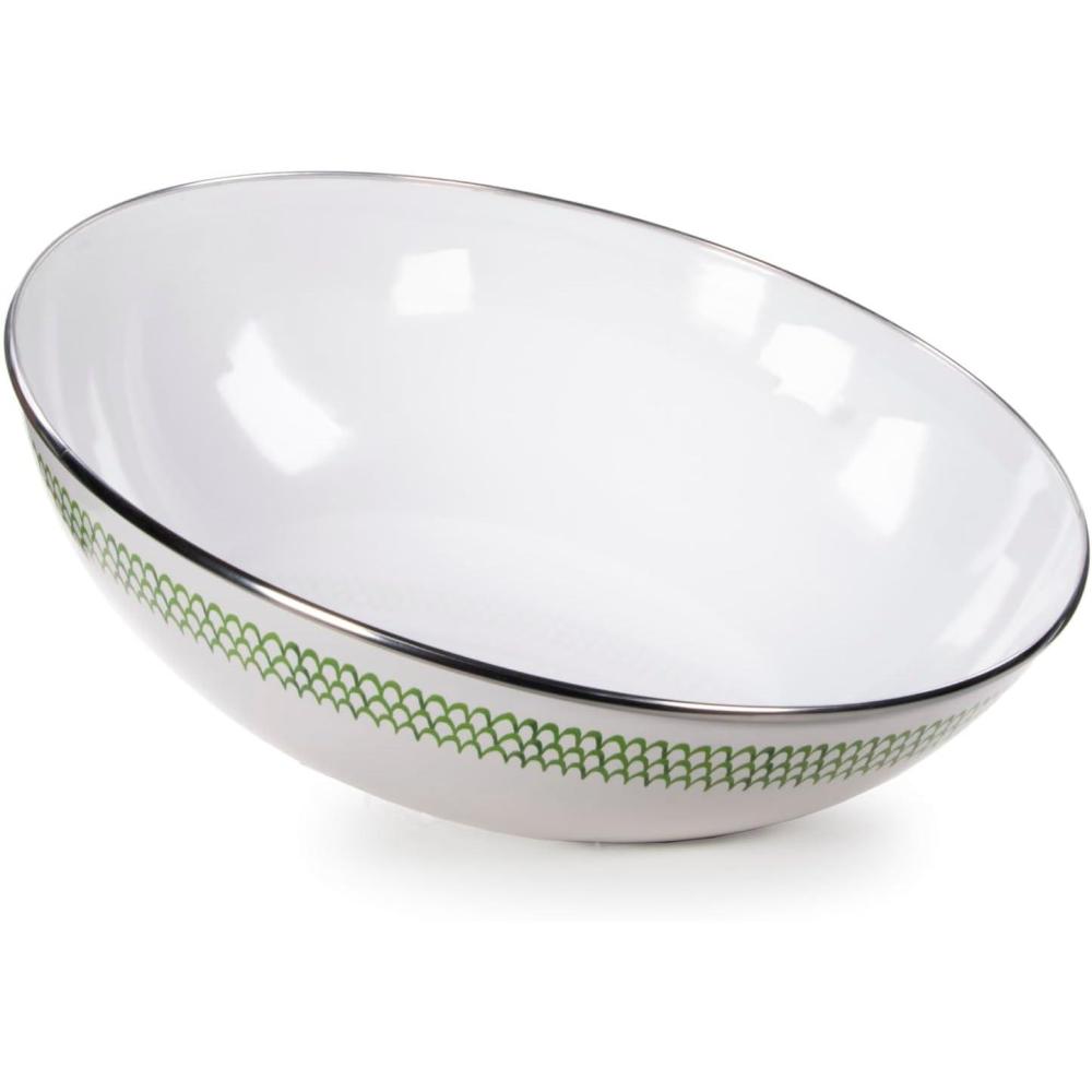image:imageGolden Rabbit Enamelware Catering Bowl 5 quart Solid White TexturedGreen Scallop