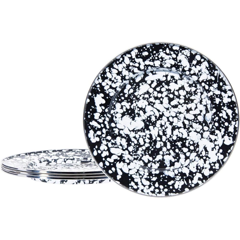 image:imageGolden Rabbit Enamelware Dinner Plates 105 inch Solid White Textured Set of 4Black Swirl