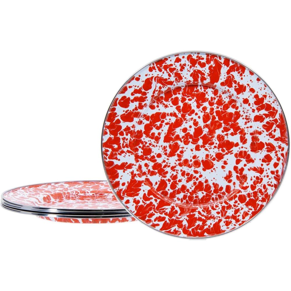 image:imageGolden Rabbit Enamelware Dinner Plates 105 inch Solid White Textured Set of 4Red Swirl