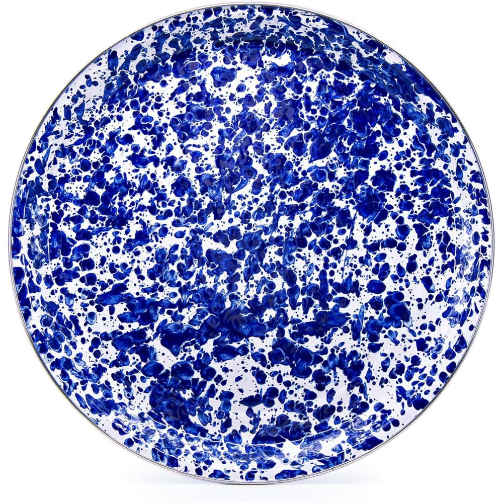 image:imageGolden Rabbit Enamelware Medium Tray 155 inch Solid White TexturedCobalt Swirl