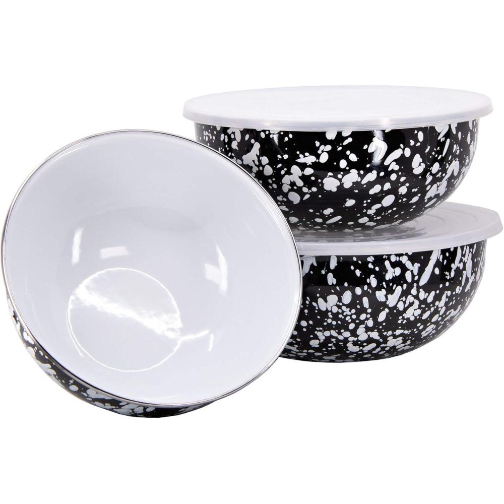 image:imageGolden Rabbit Enamelware Nested Mixing Bowls with Lids Set of 3 Solid White TexturedBlack Swirl