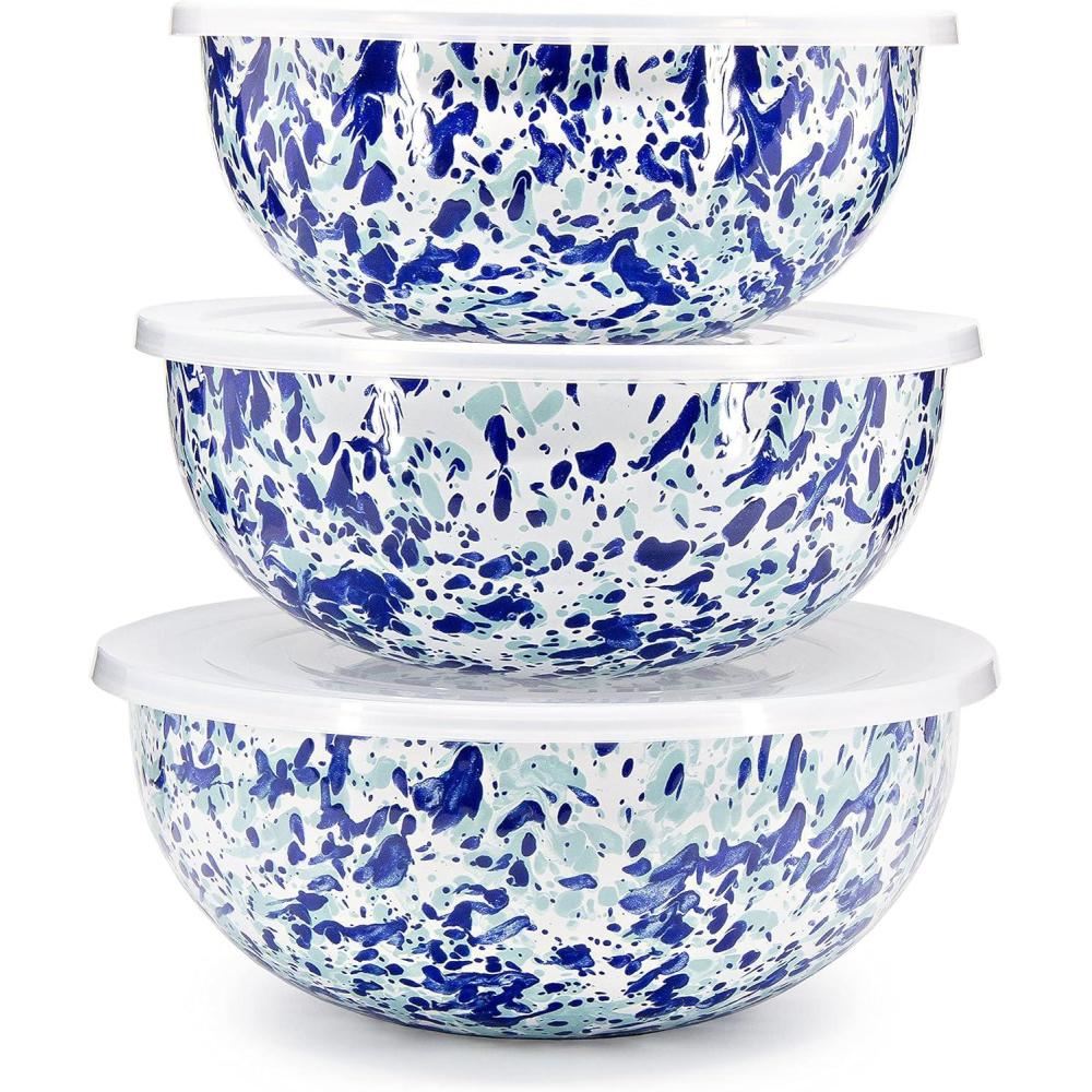 image:imageGolden Rabbit Enamelware Nested Mixing Bowls with Lids Set of 3 Solid White TexturedOcean