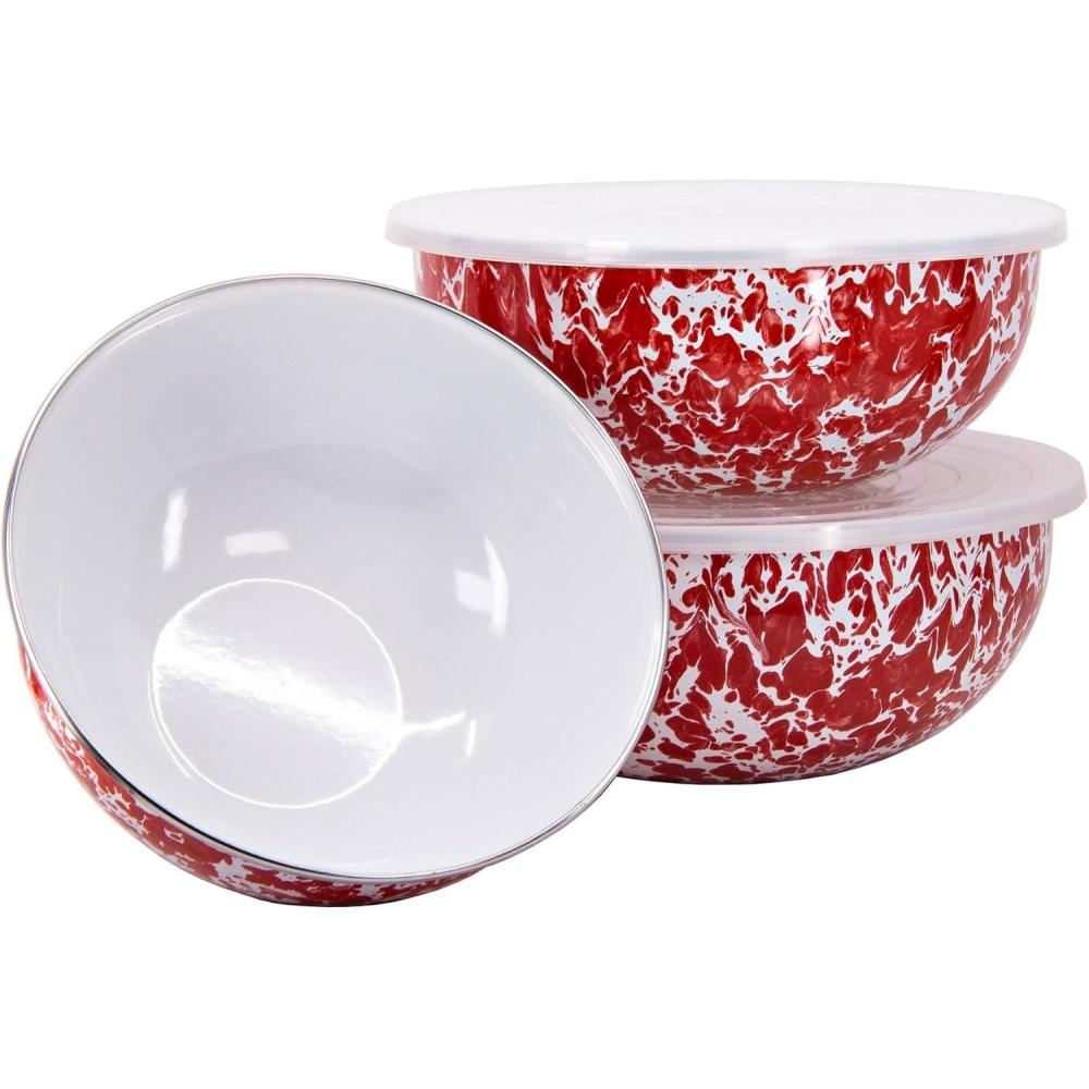 image:imageGolden Rabbit Enamelware Nested Mixing Bowls with Lids Set of 3 Solid White TexturedRed Swirl