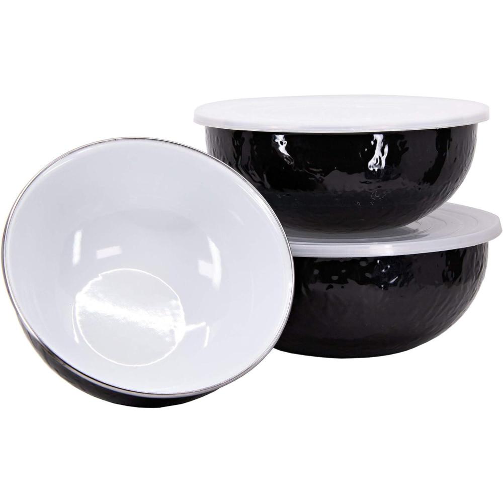 image:imageGolden Rabbit Enamelware Nested Mixing Bowls with Lids Set of 3 Solid White TexturedSolid Black Textured