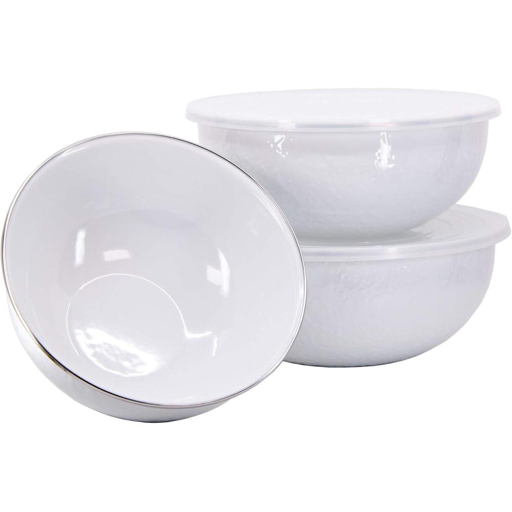 image:imageGolden Rabbit Enamelware Nested Mixing Bowls with Lids Set of 3 Solid White TexturedSolid White Textured