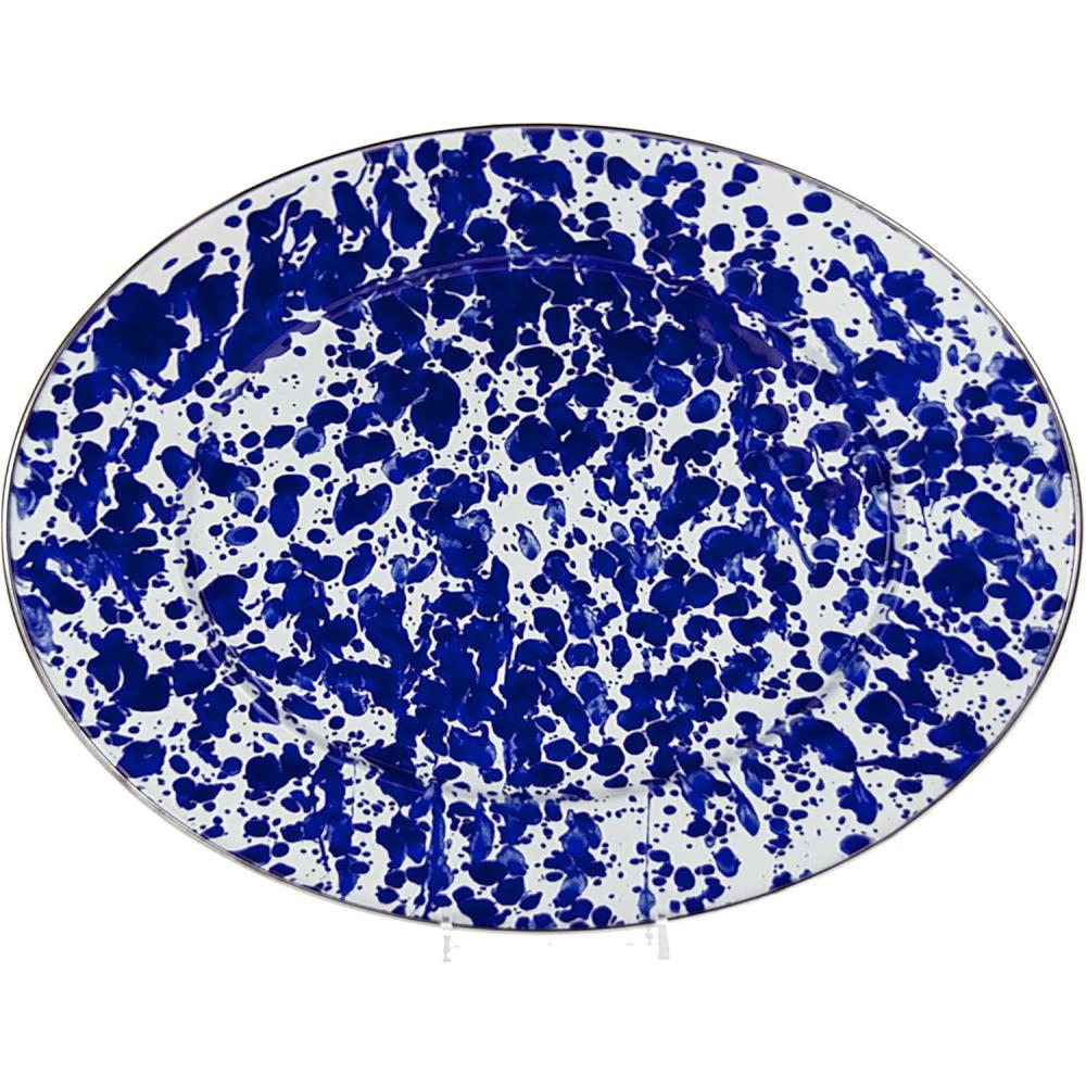 image:imageGolden Rabbit Enamelware Oval Platter 12 x 16in Solid White TexturedCobalt Swirl
