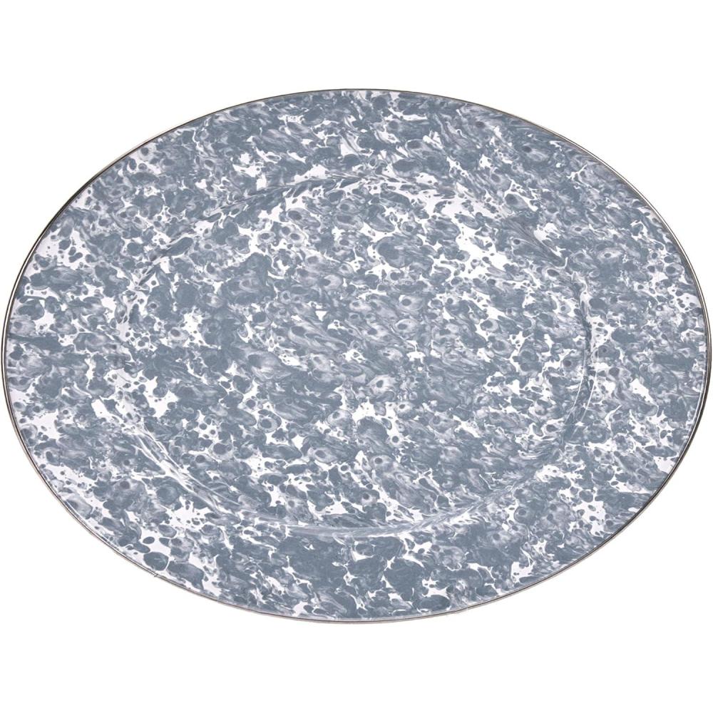 image:imageGolden Rabbit Enamelware Oval Platter 12 x 16in Solid White TexturedGrey Swirl