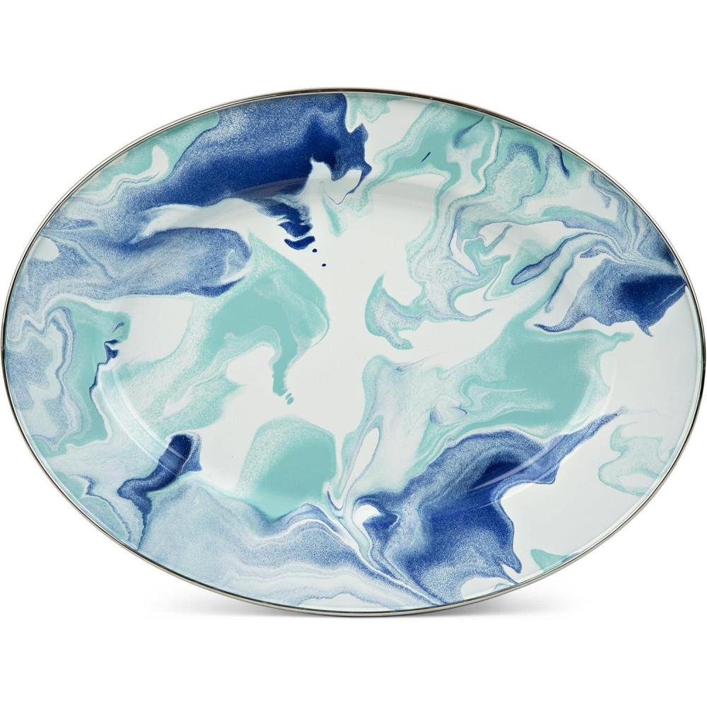 image:imageGolden Rabbit Enamelware Oval Platter 12 x 16in Solid White TexturedLagoon