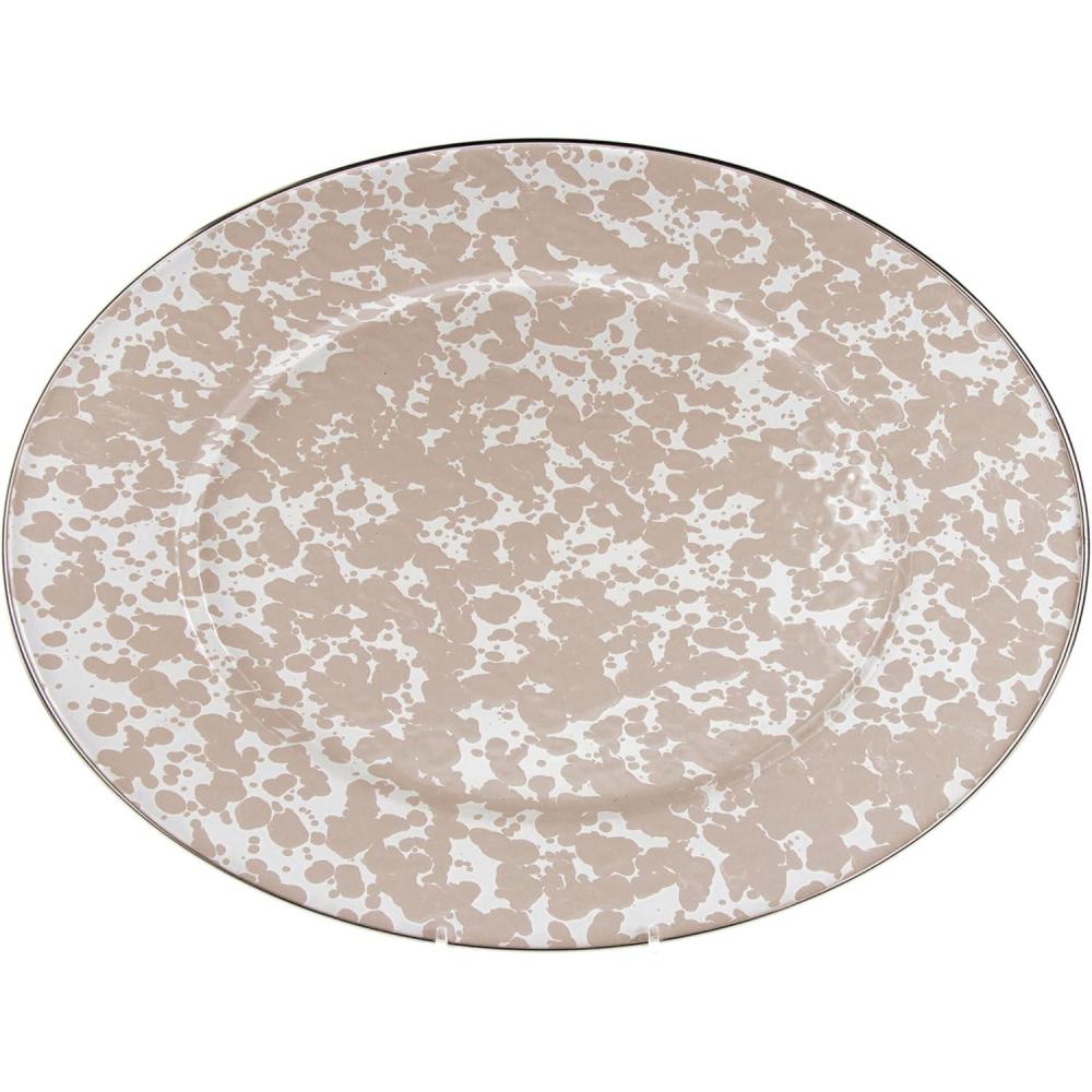 image:imageGolden Rabbit Enamelware Oval Platter 12 x 16in Solid White TexturedTaupe Swirl