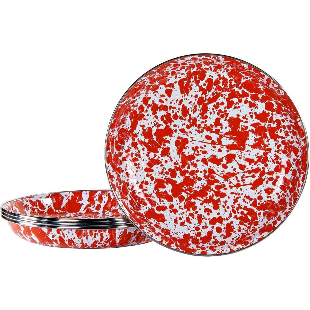 image:imageGolden Rabbit Enamelware Pasta Plates 10 inch Solid White Textured Set of 4Red Swirl