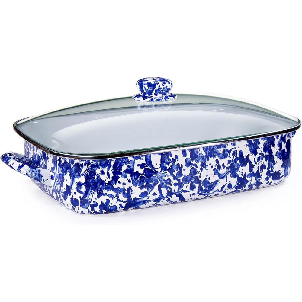 image:imageGolden Rabbit Enamelware Roasting Pan with Lid 105 quarts Solid White TexturedCobalt Swirl