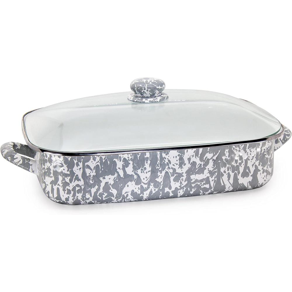image:imageGolden Rabbit Enamelware Roasting Pan with Lid 105 quarts Solid White TexturedGrey Swirl