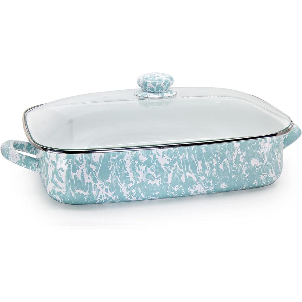 image:imageGolden Rabbit Enamelware Roasting Pan with Lid 105 quarts Solid White TexturedSea Glass