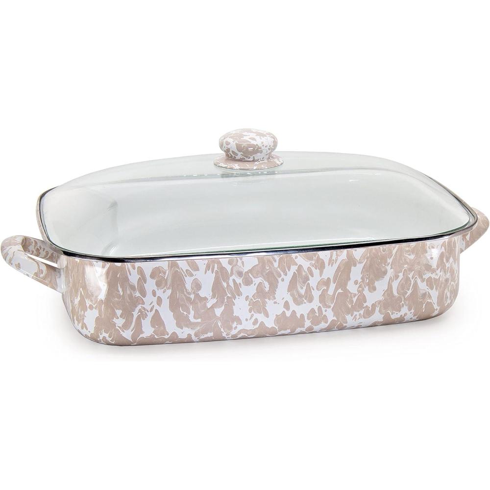 image:imageGolden Rabbit Enamelware Roasting Pan with Lid 105 quarts Solid White TexturedTaupe Swirl