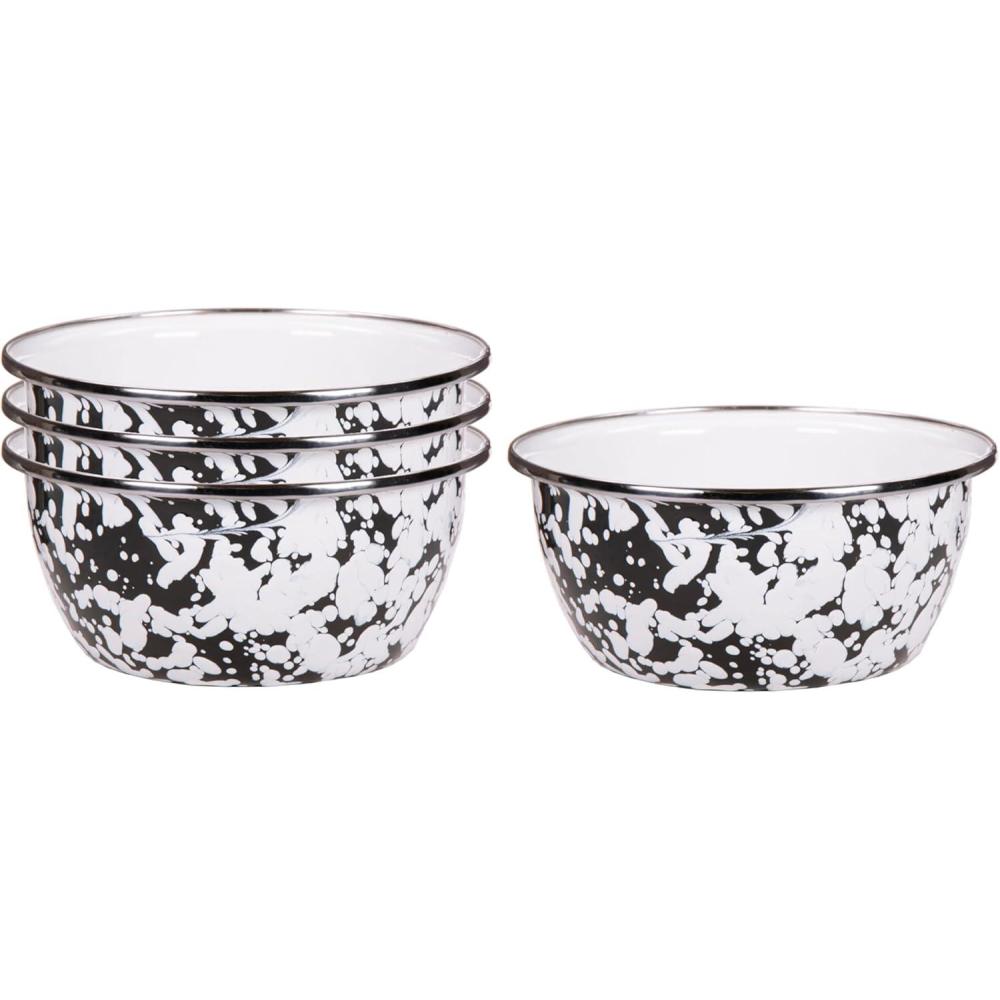 image:imageGolden Rabbit Enamelware Salad Bowls 24 ounce Solid White Textured Set of 4Black Swirl