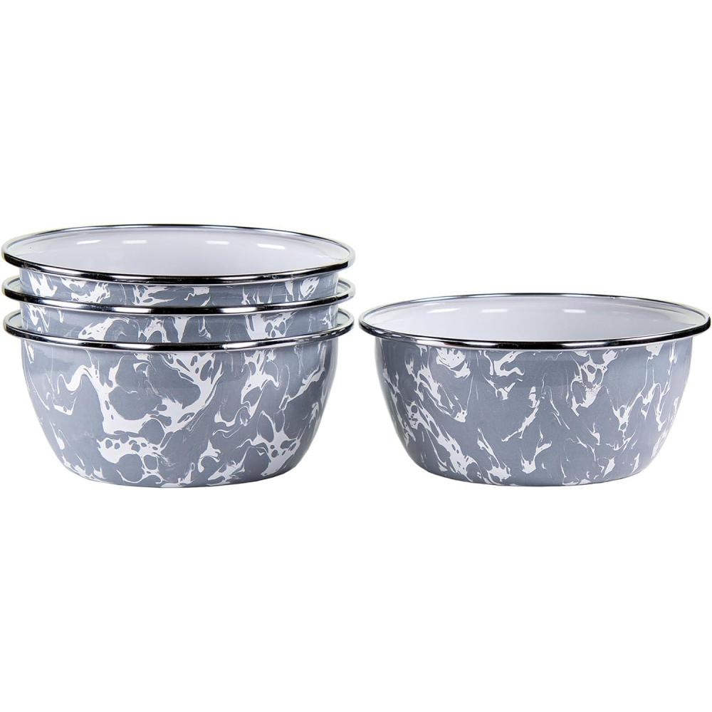 image:imageGolden Rabbit Enamelware Salad Bowls 24 ounce Solid White Textured Set of 4Grey Swirl