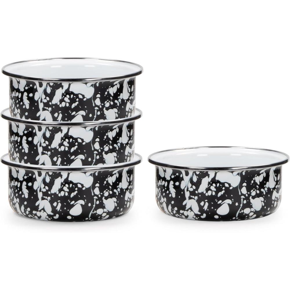 image:imageGolden Rabbit Enamelware Soup Bowls with Lids 14 ounce Solid White Textured Set of 4Black Swirl