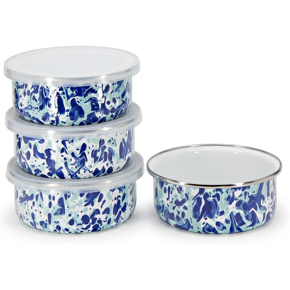 image:imageGolden Rabbit Enamelware Soup Bowls with Lids 14 ounce Solid White Textured Set of 4Ocean