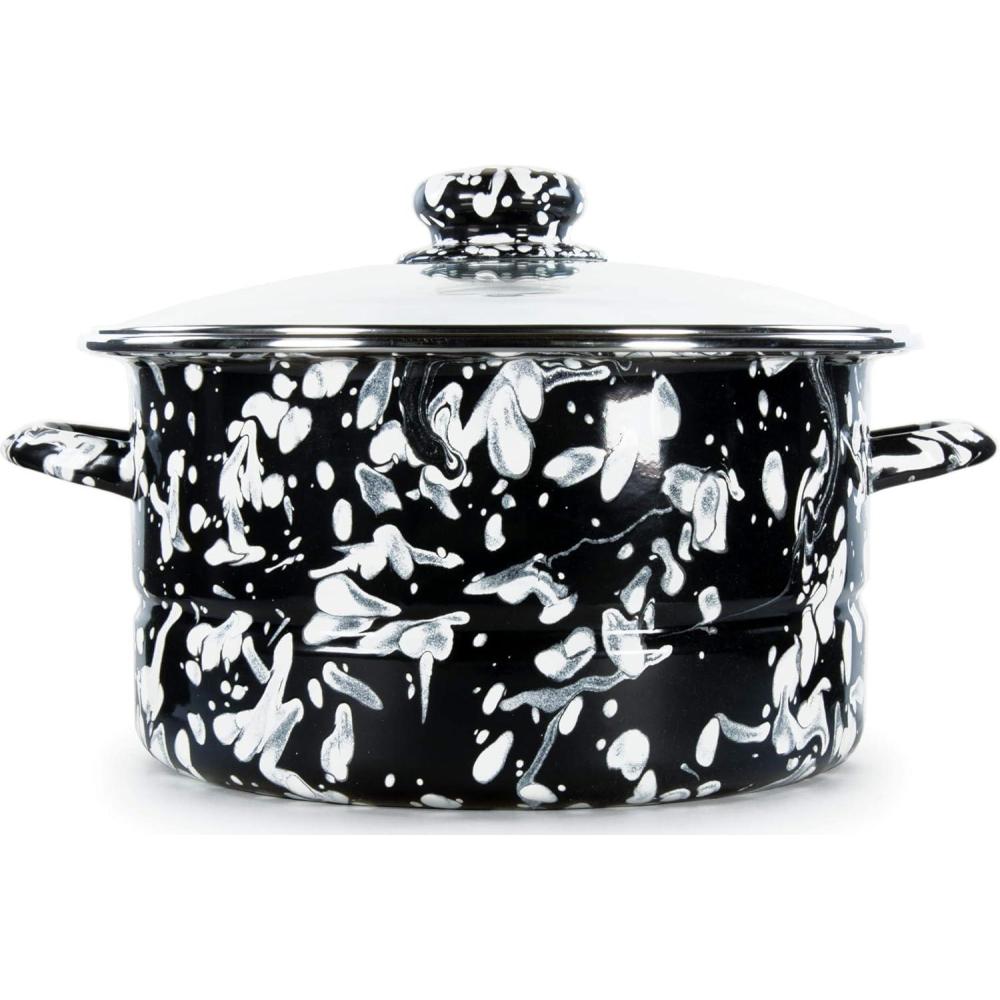 image:imageGolden Rabbit Enamelware Soup or Stock Pot 6 quart Solid White TexturedBlack Swirl