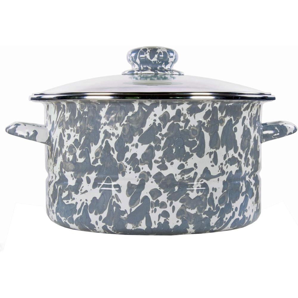 image:imageGolden Rabbit Enamelware Soup or Stock Pot 6 quart Solid White TexturedGrey Swirl